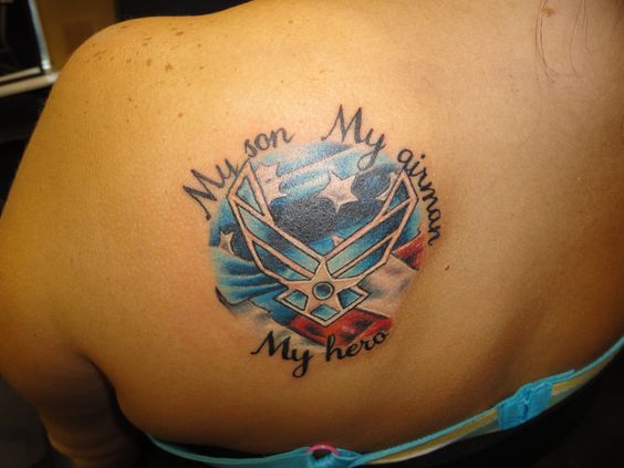 USA Flag With Air Force Military Logo Tattoo On Left Back Shoulder