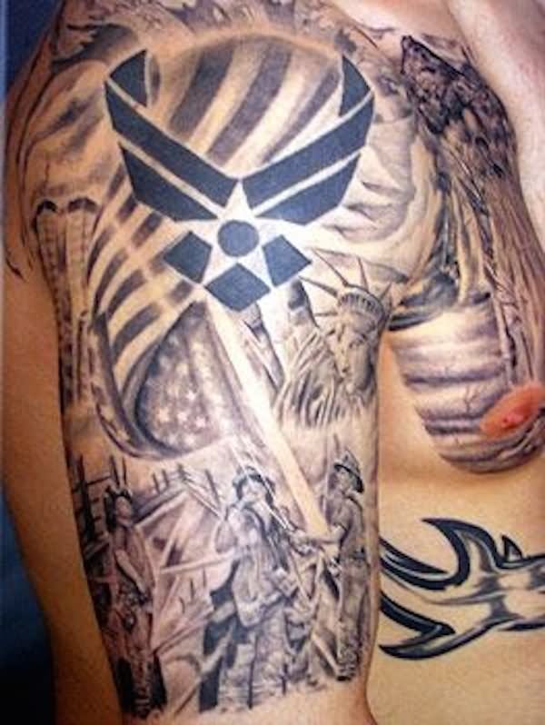USA Flag With Air Force Military Logo Tattoo On Right Half Sleeve
