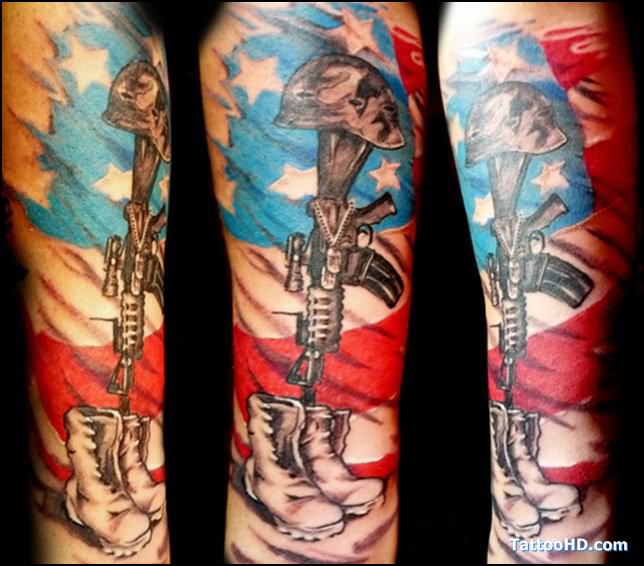 USA Flag With Memorial Military Boots Rifle Helmet Tattoo Design For Sleeve