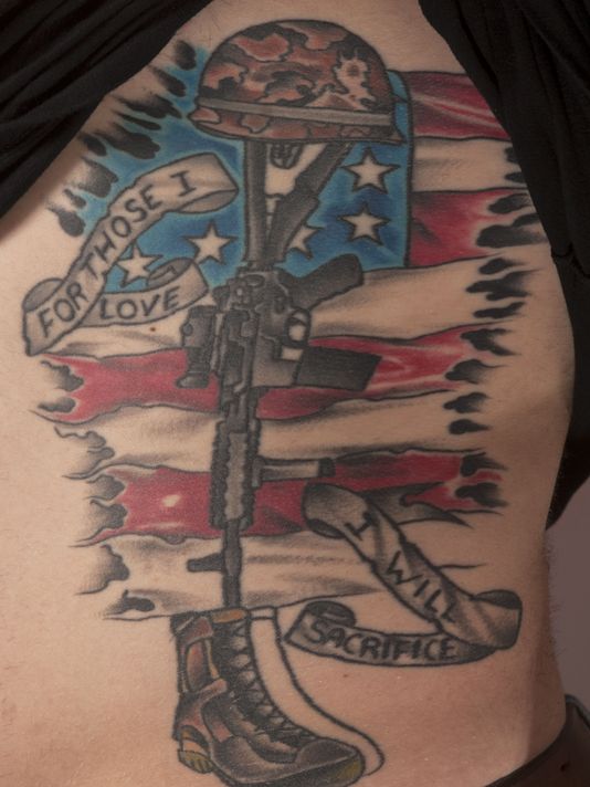 USA Flag With Memorial Military Boots Rifle Helmet Tattoo Design