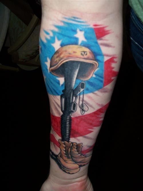 USA Flag With Memorial Military Equipments Tattoo On Forearm
