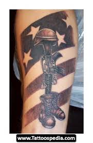 USA Flag With Memorial Military Equipments Tattoo On Half Sleeve