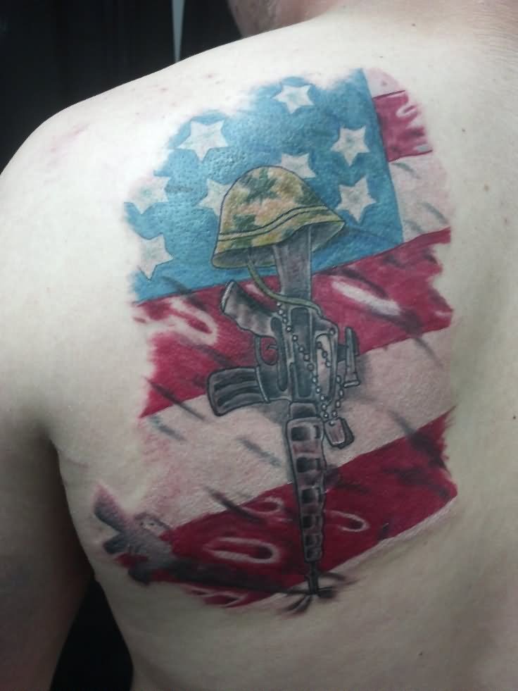 USA Flag With Memorial Military Equipments Tattoo On Left Back Shoulder