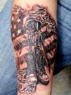 USA Flag With Military Equipments Tattoo Design For Forearm