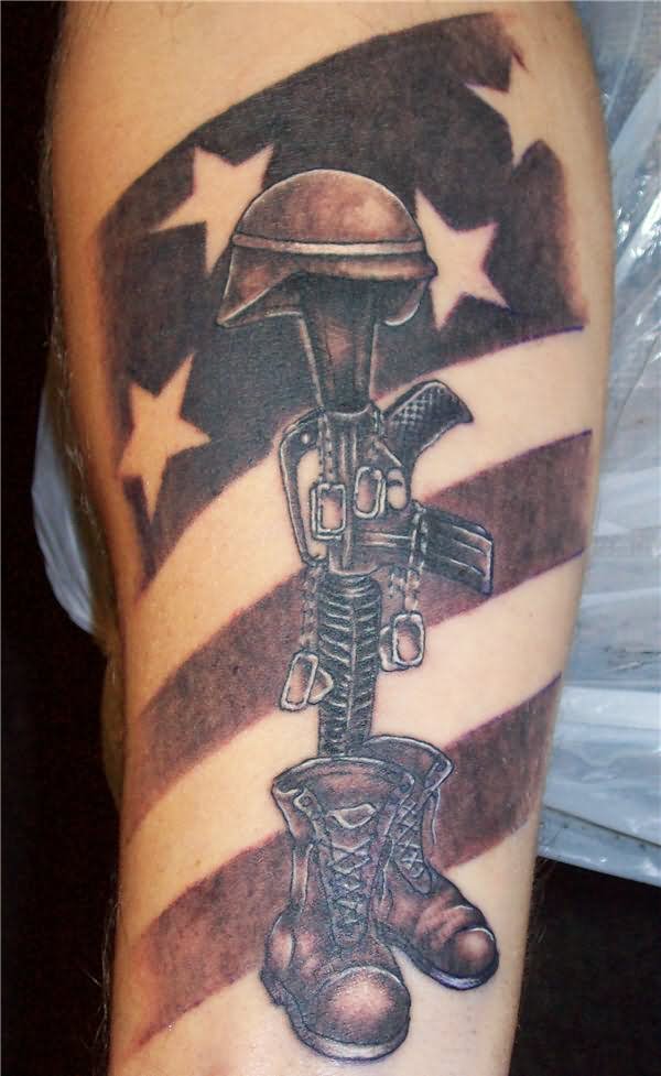 USA Flag With Military Equipments Tattoo Design For Sleeve