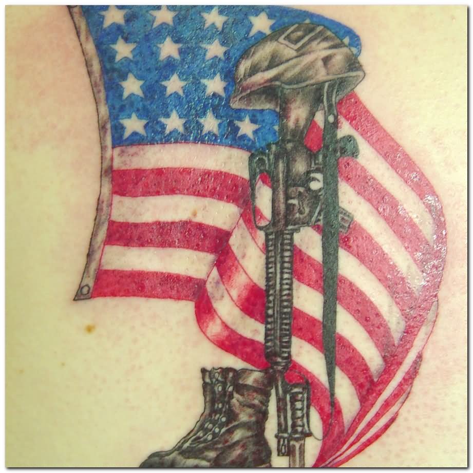 USA Flag With Military Equipments Tattoo Design
