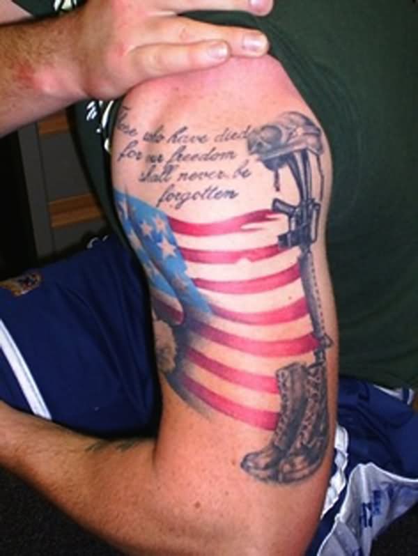 USA Flag With Military Equipments Tattoo On Left Half Sleeve