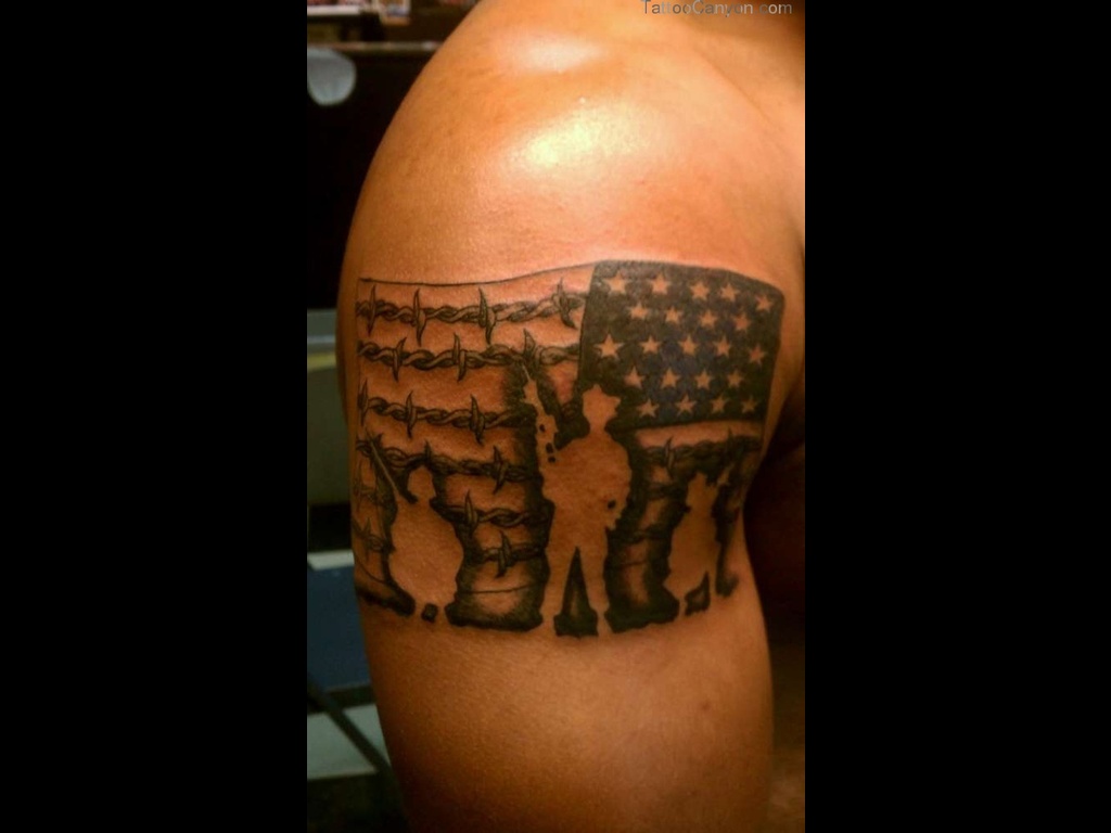 USA Flag With Military Soldiers Tattoo Design For Shoulder