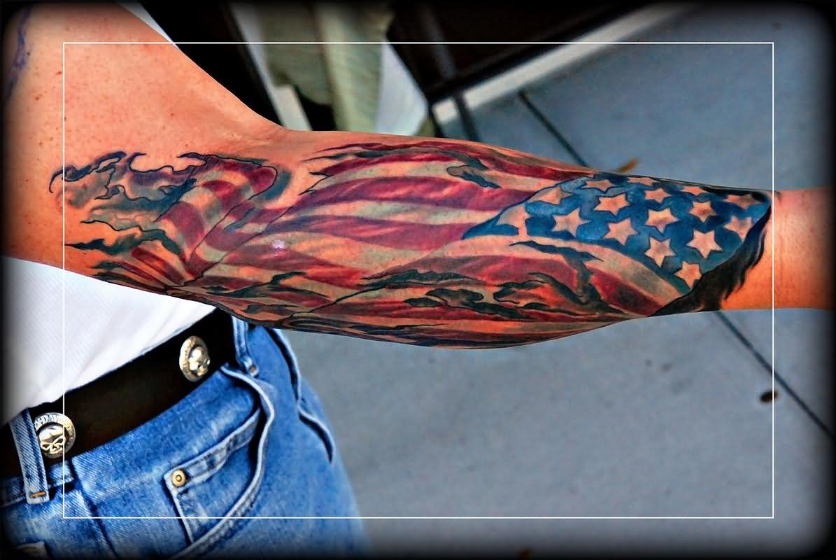 USA Military Flag Tattoo On Forearm