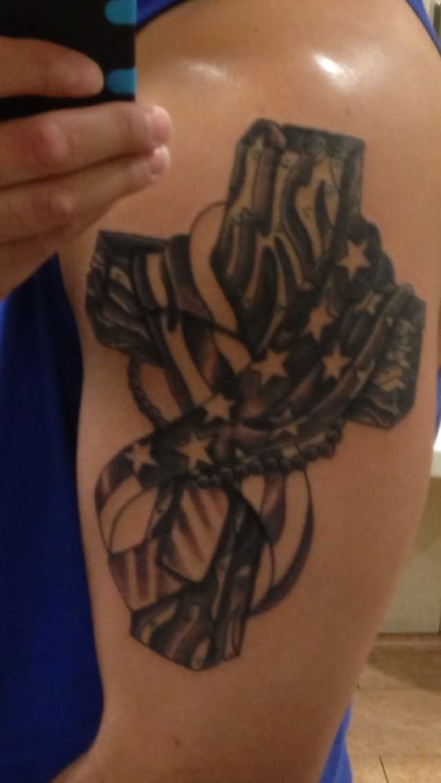 USA Military Flag With Cross Tattoo On Half Sleeve