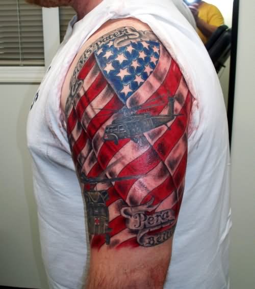 USA Military Flag With Helicopter Tattoo On Left Half Sleeve