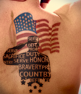 USA Military Flag With Soldier Tattoo On Upper Back
