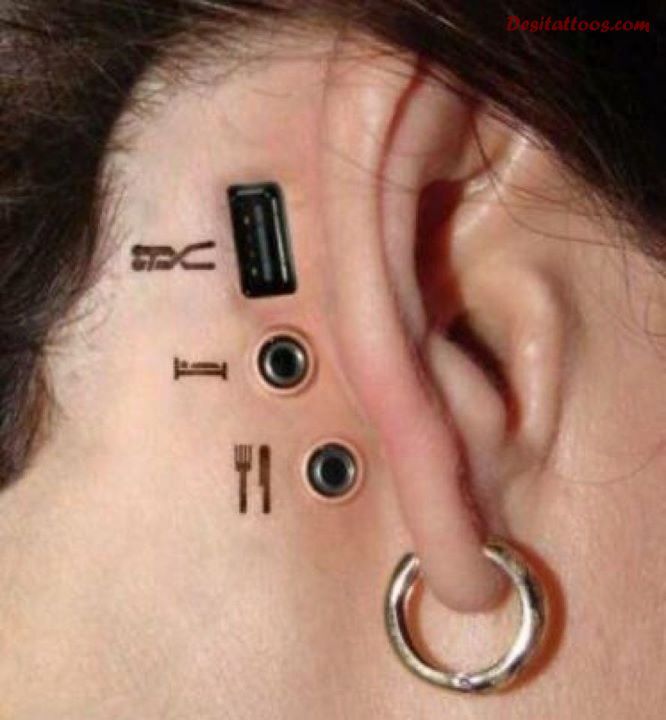 USB Ports Geek Tattoo Behind Ear