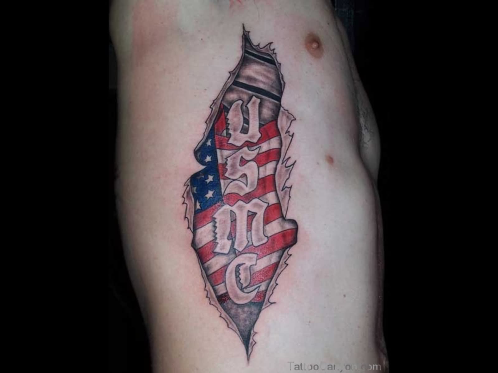 USMC - Torn Ripped Skin USA Flag Tattoo On Man Side Rib