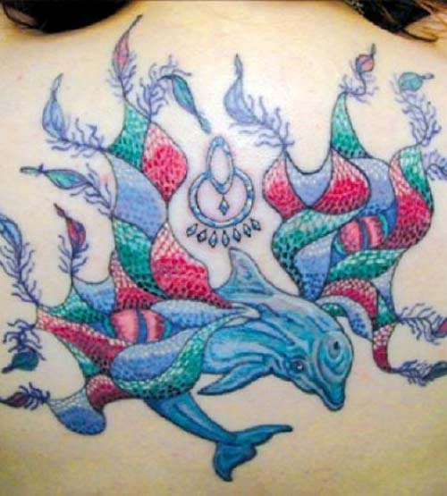 Under Water Dolphin Tattoo On Upper Back