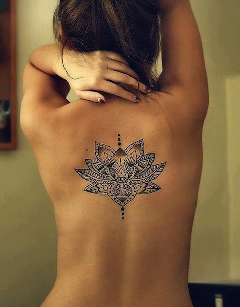 Unique Henna Lotus Tattoo On Girl Upper Back
