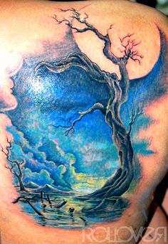 Watercolor Scenery Tattoo On Right Back Shoulder