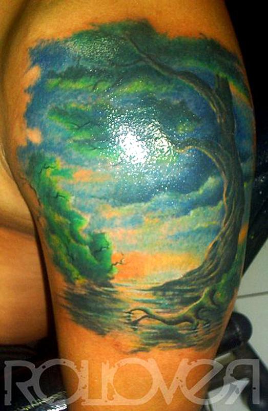 Watercolor Scenery Tattoo On Shoulder