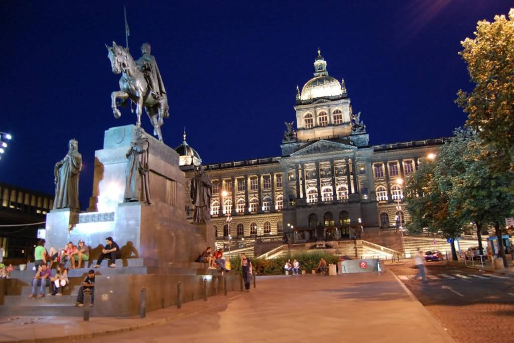Wenceslas Statue And National Museum During Night