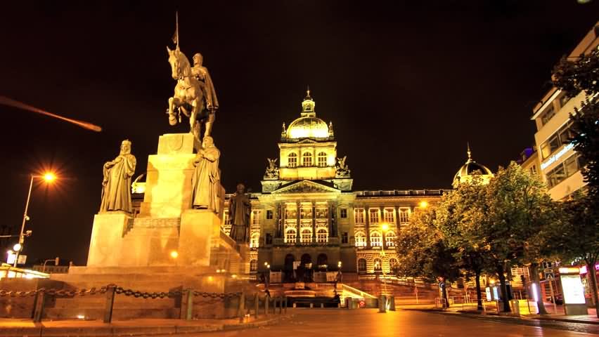 Wenceslas Statue At Wenceslas Square Illuminated At Night