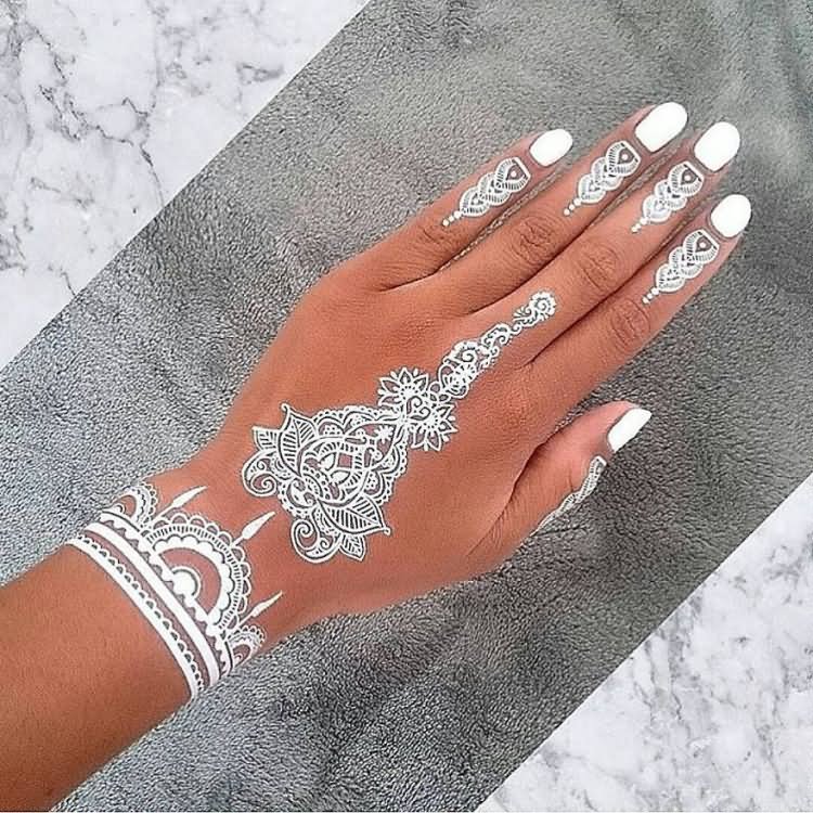 White Henna Tattoo On Left Hand