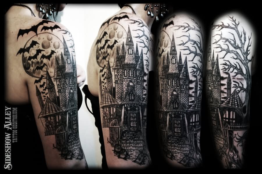 Wizard And Castle Tattoo On Half Sleeve by Onthelastroad