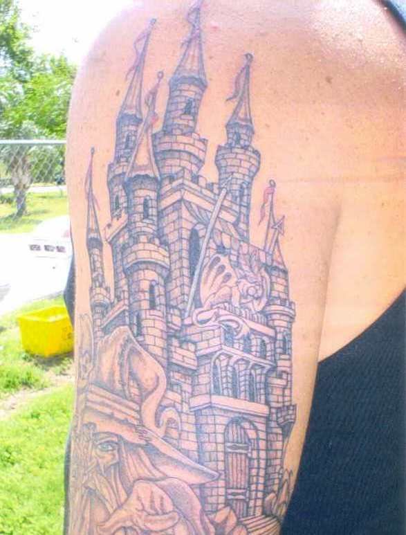 Wizard And Castle Tattoo On Left Half Sleeve
