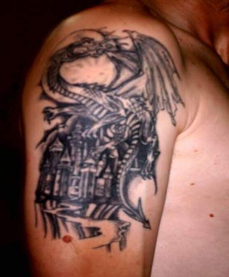 Wizard And Castle Tattoo On Right Shoulder For Men