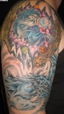 Wizard And Dragon Tattoo On Right Half Sleeve