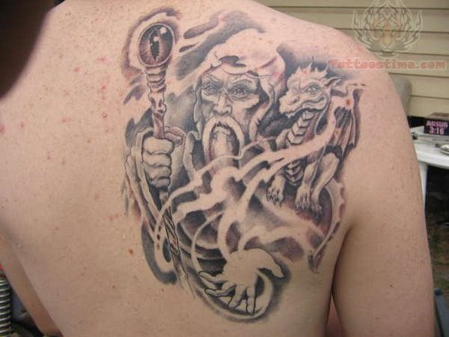 Wizard Dragon Tattoo On Right Back Shoulder