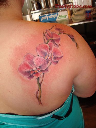 Woman Right Back Shoulder Orchid Tattoo