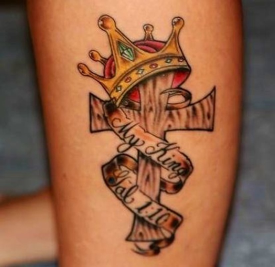 Wooden Cross With king Crown And Banner Tattoo Design For Sleeve
