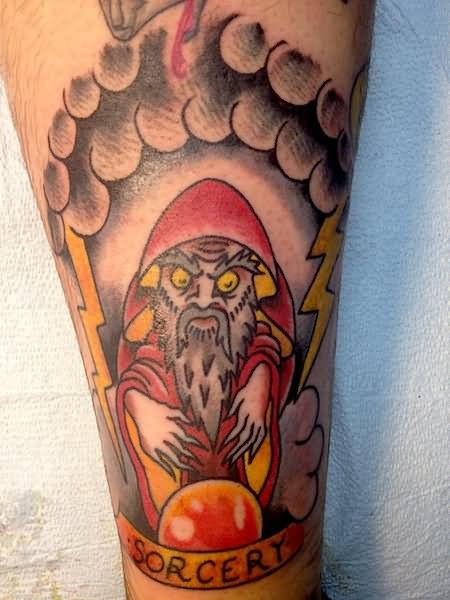Yellow Eyes Traditional Wizard Tattoo On Leg'