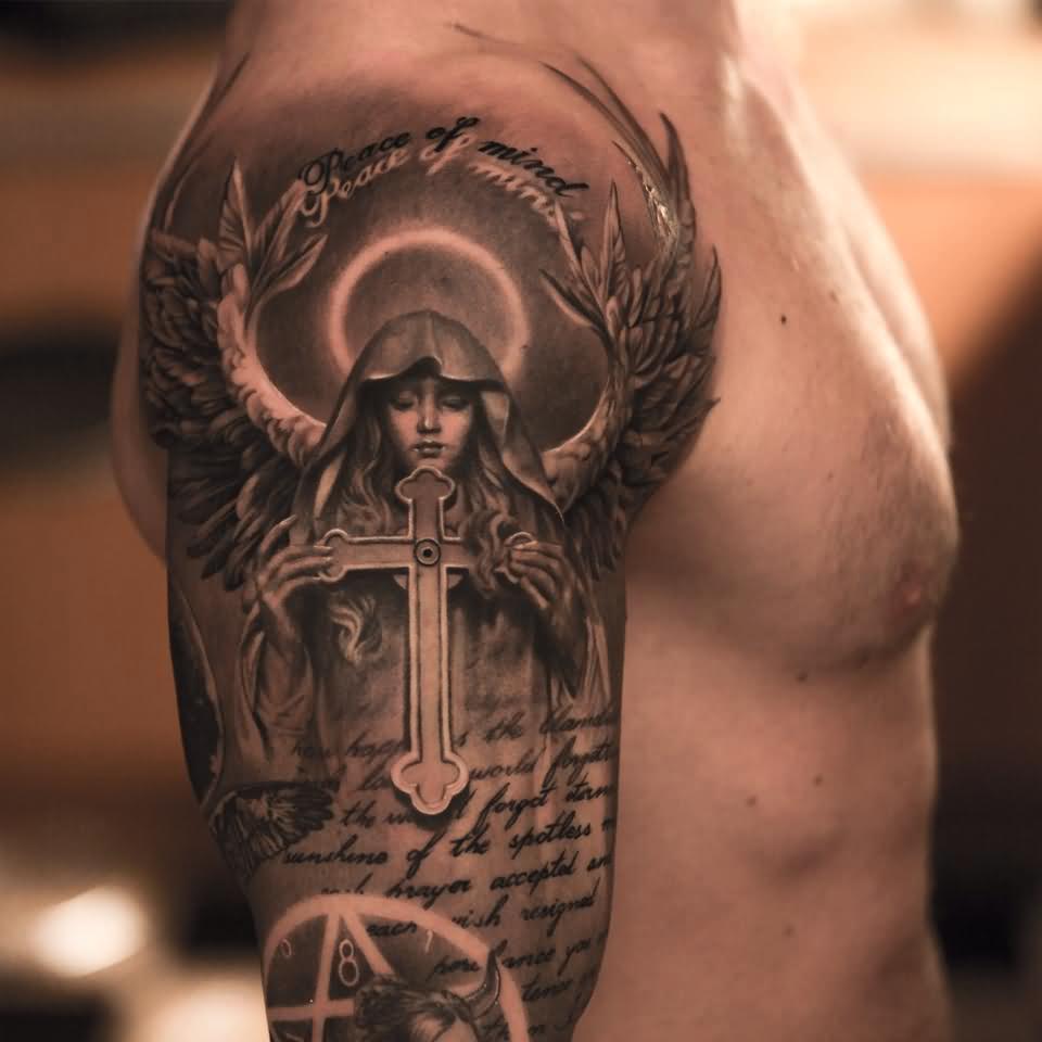 3D Cross In Saint Mary Hand With Wings Tattoo On Man Right Half Sleeve By Niki Norberg