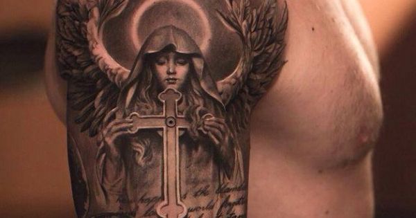 3D Cross In Saint Mary Mother Of God Hand Tattoo Design