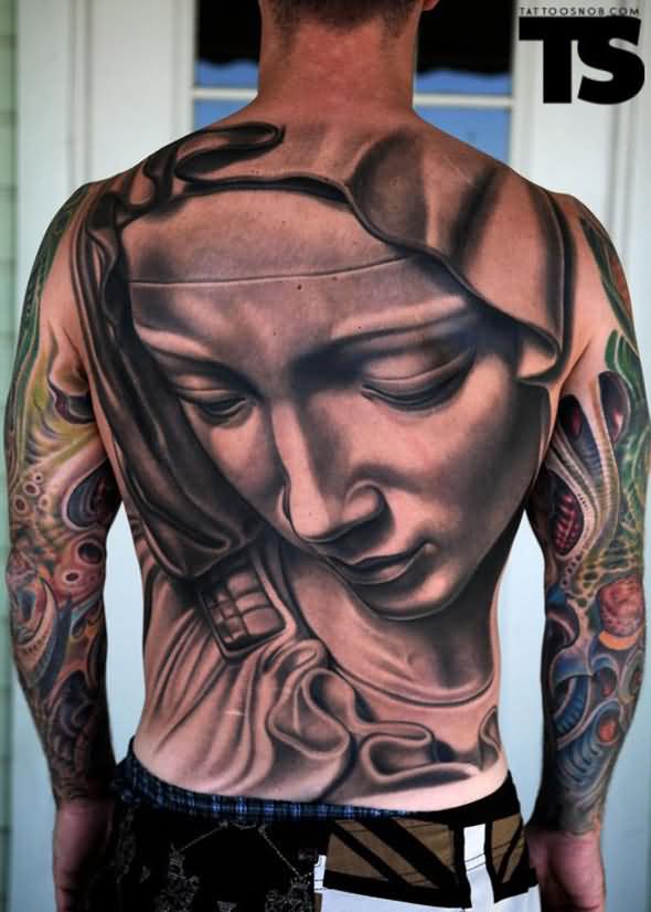 3D Saint Mary Mother Of God Tattoo On Man Full Back By Nikko Hurtado