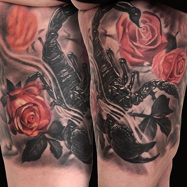 3D Scorpion With Roses Tattoo Design