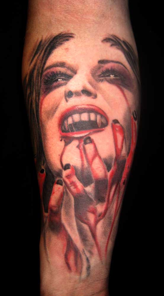 3D Vampire Girl Face Tattoo On Forearm