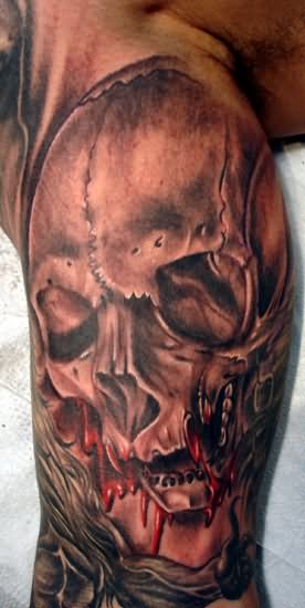 3D Vampire Skull Tattoo On Bicep