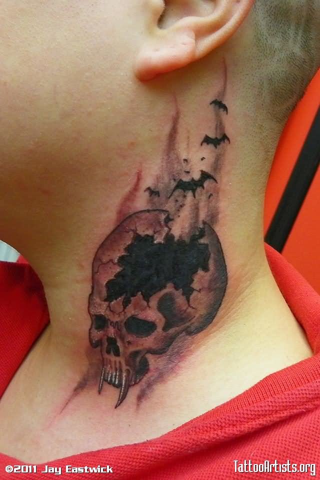 3D Vampire Skull With Bats Tattoo On Side Neck