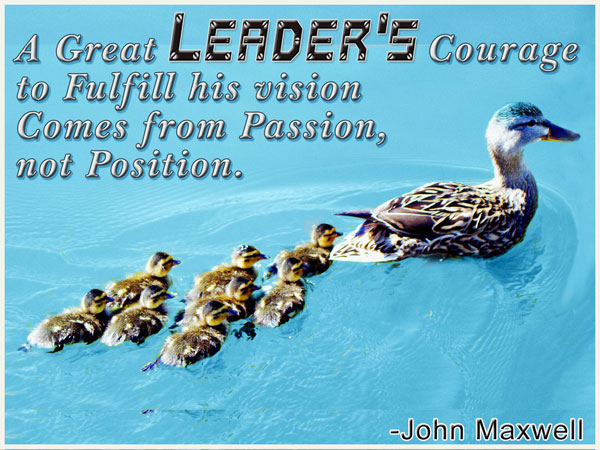 A great leader's courage to fulfill his vision comes from passion, not position.  - John Maxwell
