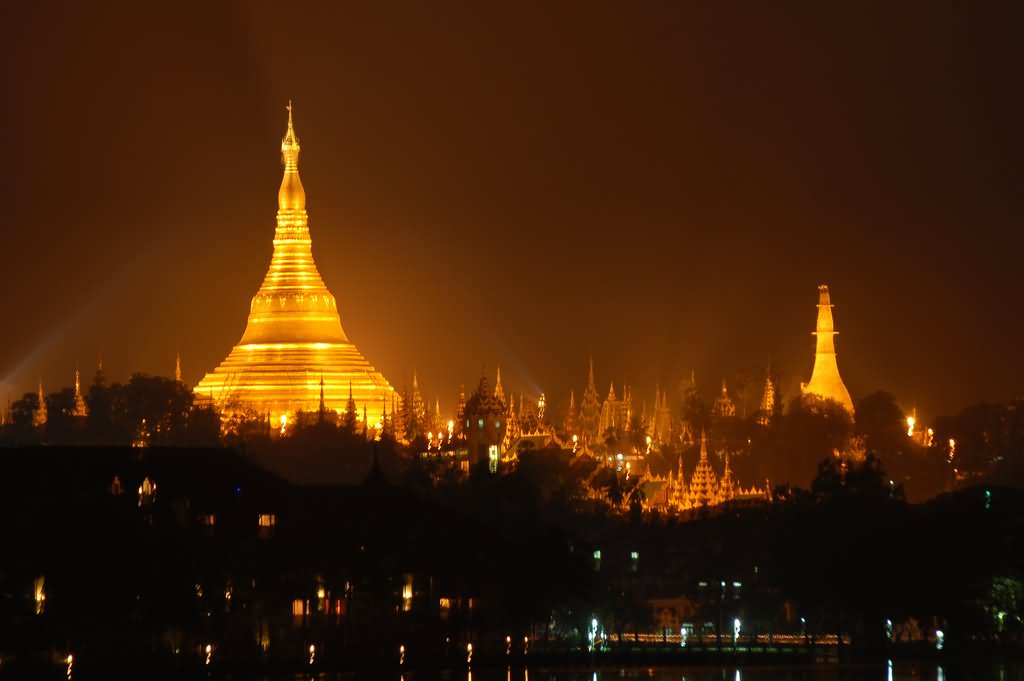 Adorable Night View Image Of Shwedagon Pagoda From Kandawgyi Lake