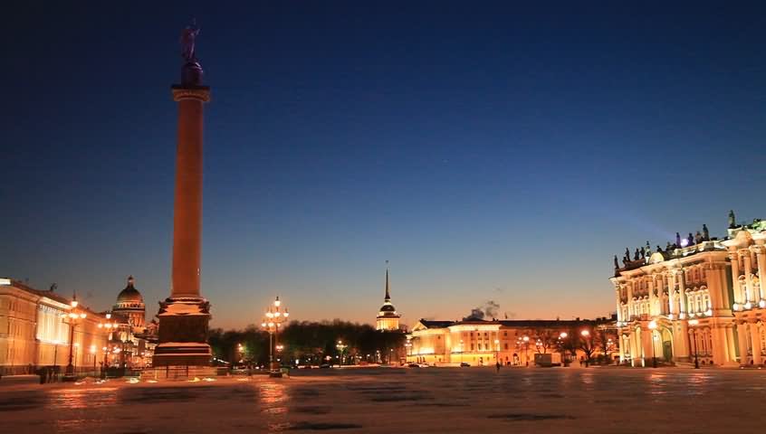 Alexander's Column And The Hermitage Museum Night View