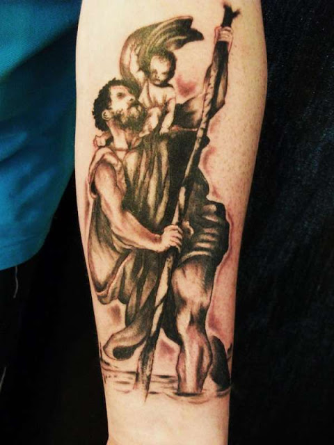 Amazing Black Ink Saint Christopher Tattoo Design For Arm