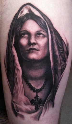 Amazing Black Ink Saint Mary Tattoo Design