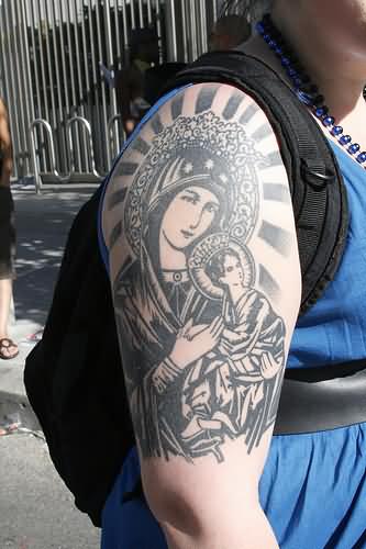 Amazing Black Saint Mary Mother Of God Tattoo On Right Half Sleeve