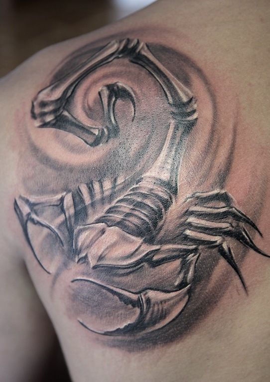 Amazing Grey Ink Scorpion Tattoo On Left Back Shoulder