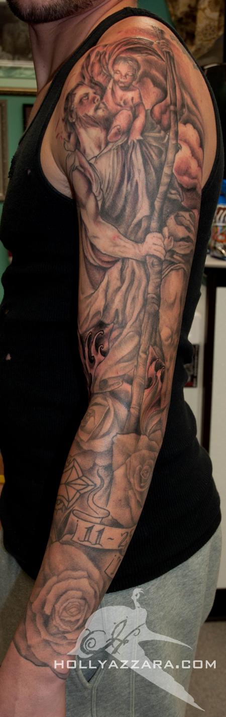 Amazing Saint Christopher Tattoo On Man Left Full Sleeve