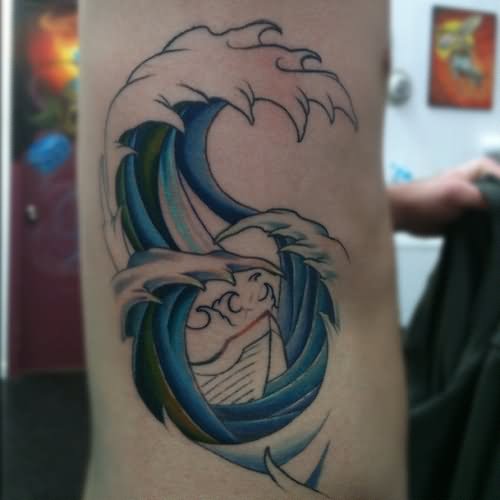 Amazing Ship In Waves Tattoo
