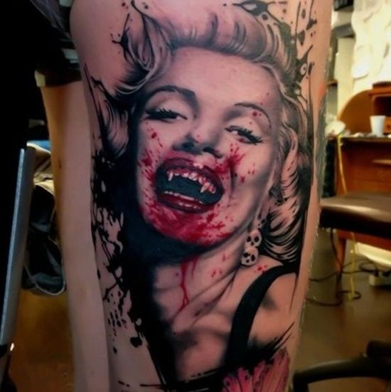 Amazing Vampire Girl Face Tattoo Design For Thigh